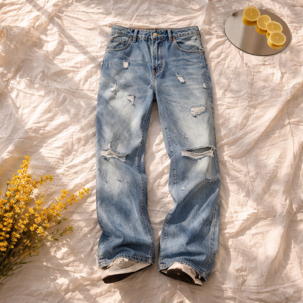 Jeans baggy  streetwear con denim slavato e strappi frontali, design a 5 tasche