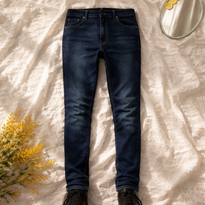 Jeans slim uomo  in denim blu con vita regolare, chiusura a bottone e zip e design a 5 tasche e passanti per cintura