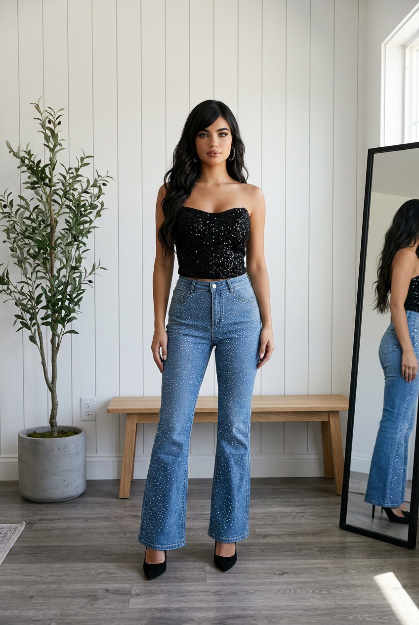 Jeans flare donna indossati  in denim chiaro high-waist con gamba a zampa e micro applicazioni brillanti