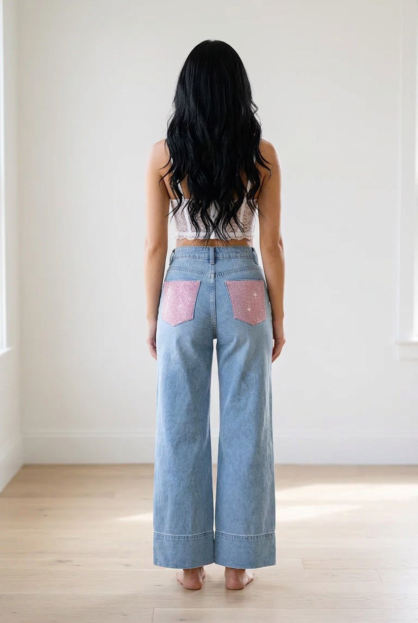 Jeans palazzo in denim chiaro con vita alta, fondo ampio e tasche posteriori decorate con applicazioni rosa brillanti