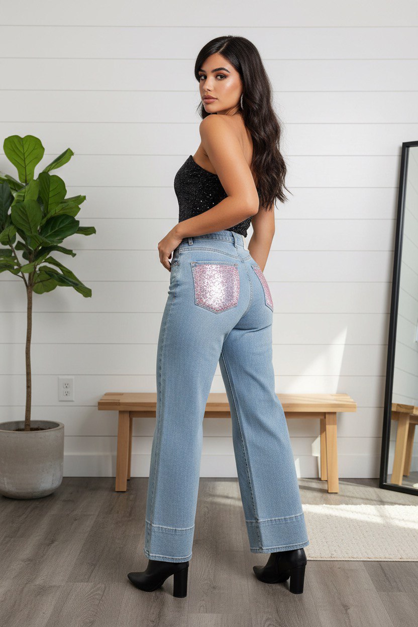Jeans palazzo donna in denim chiaro high-waist con fondo ampio e risvolto strutturato, tasche posteriori con applicazioni rosa brillanti