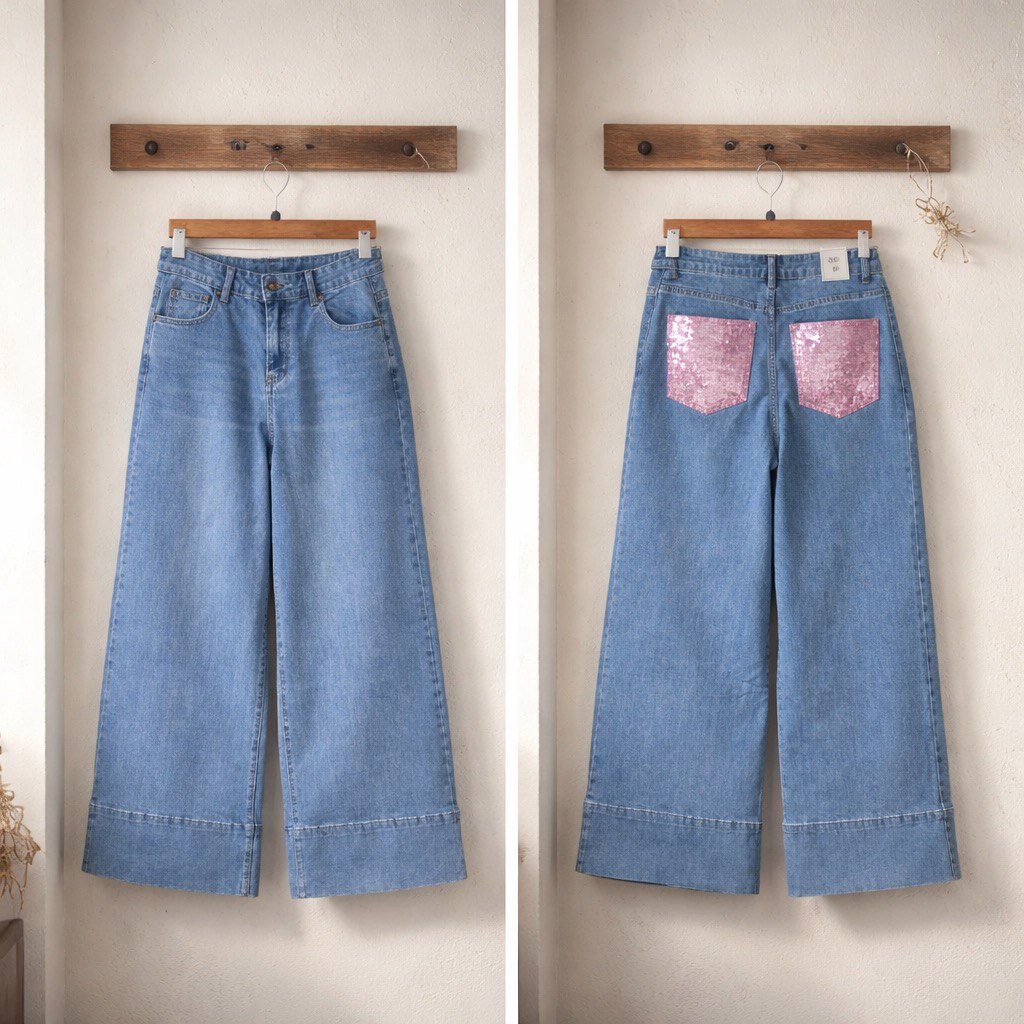 Jeans palazzo in denim chiaro high-waist con fondo ampio e risvolto strutturato, tasche posteriori con applicazioni rosa brillanti, vista frontale e posteriore