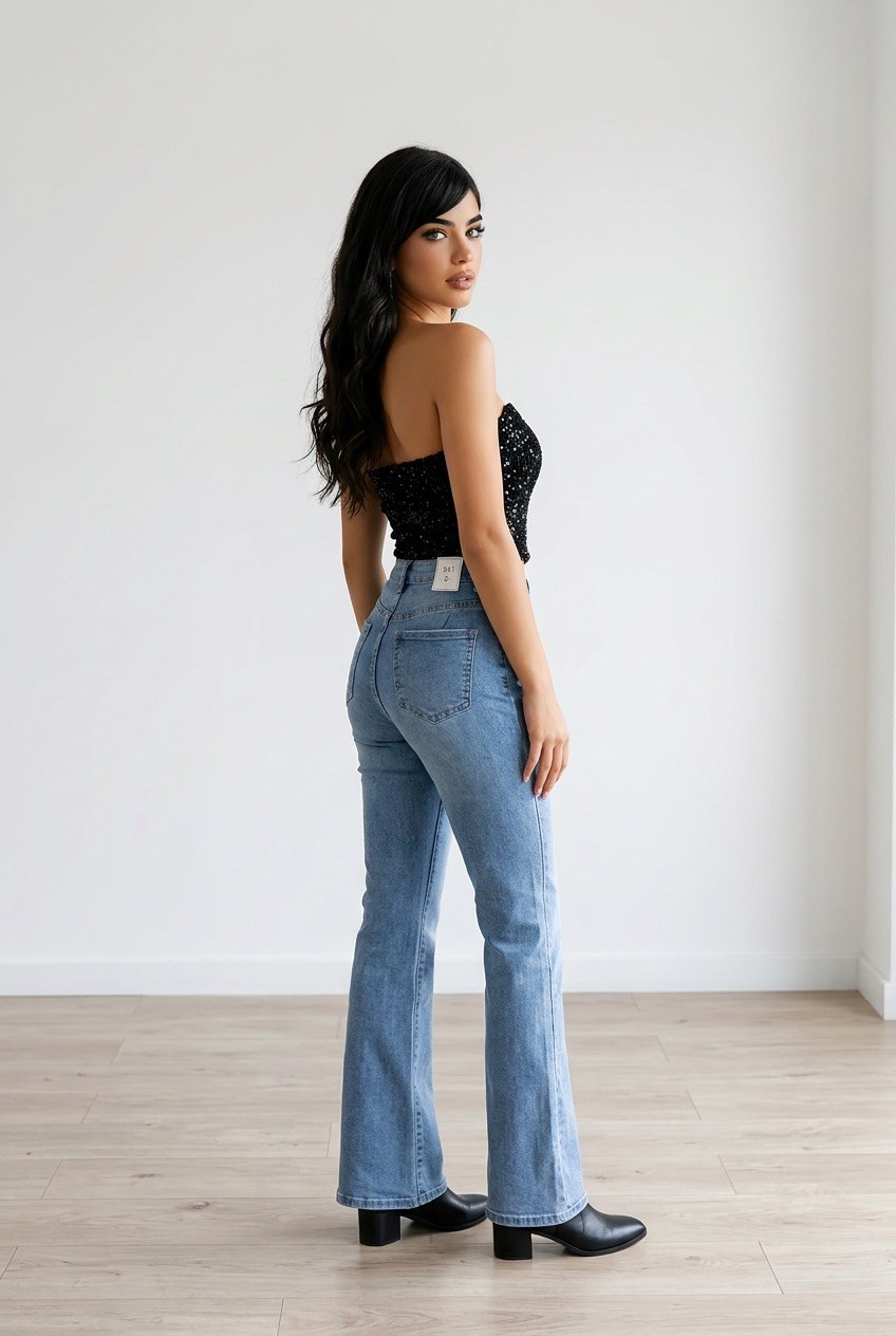 Jeans in denim blu da donna modello 5 tasche vista posteriore