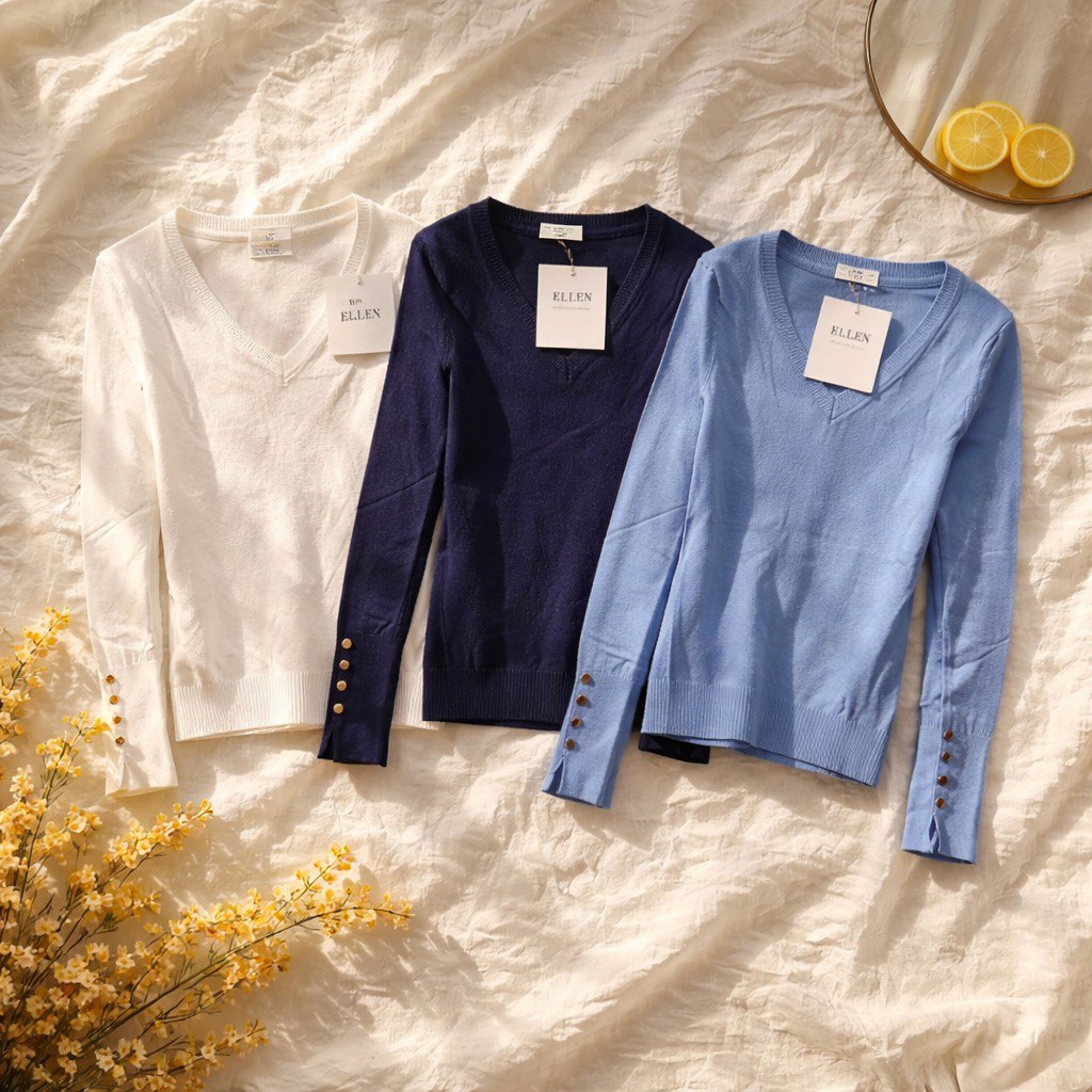 Maglioncini bianco, blu e celeste in maglia morbida con scollo a V, polsini a costine con bottoncini decorativi e spacco laterale