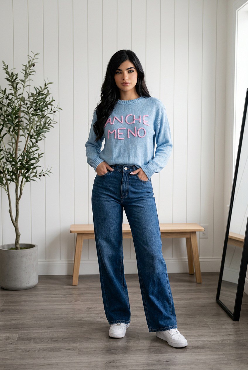 Maglia girocollo celeste con scritta "ANCHE MENO" in rilievo effetto ricamato in rosa e vestibilità regolare