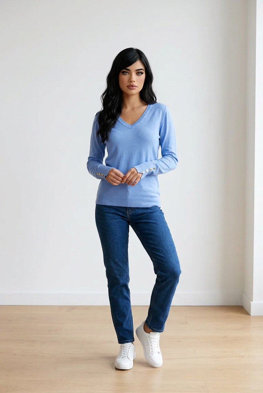 Maglioncino in maglia morbida con scollo a V, polsini a costine con bottoncini decorativi e spacco laterale