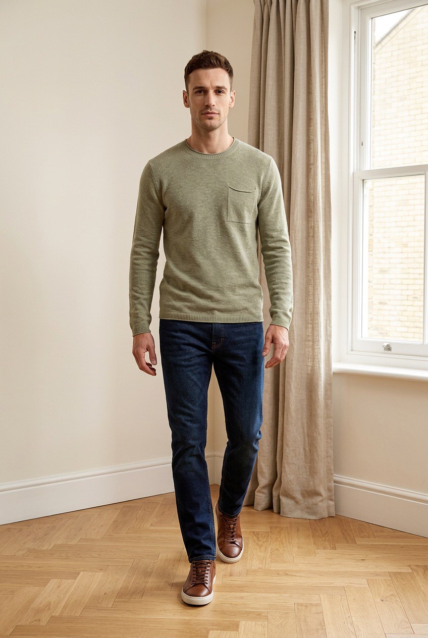 Maglia girocollo con taschino sul petto in cotone slub