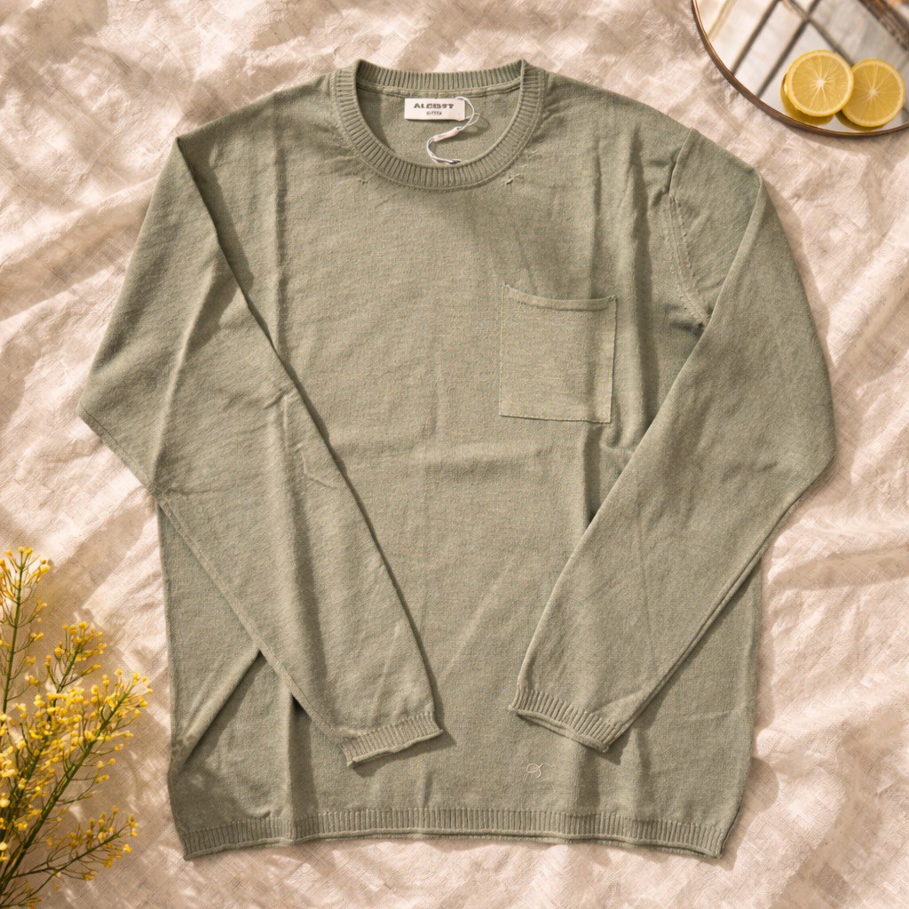 Maglia girocollo verde con taschino sul petto in cotone slub
