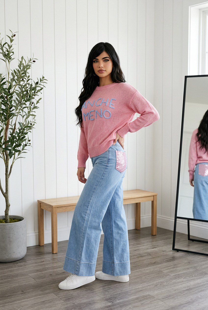 Maglia girocollo rosa con scritta "ANCHE MENO" in rilievo effetto ricamato e vestibilità regolare