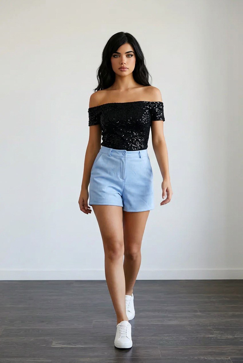 Pantaloncini scamosciati high-waist con chiusura frontale bottone e zip, tasche laterali funzionali e vestibilità ampia sulle cosce