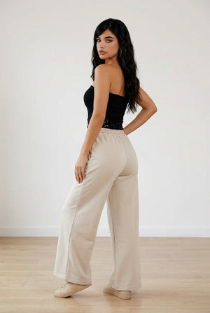 Pantalone beige palazzo con vita elasticizzata scozzese, cordino regolabile e tasche laterali
