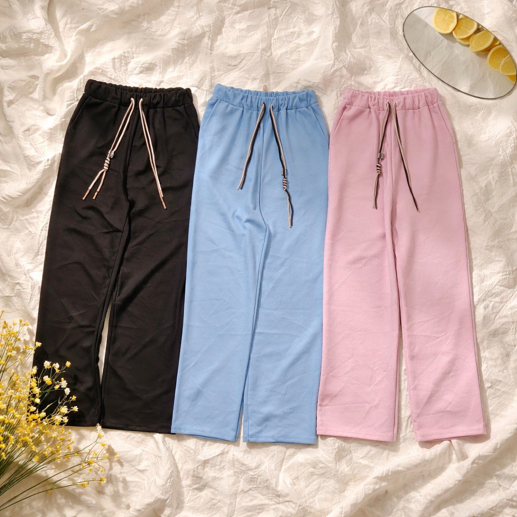 Pantalone palazzo con vita elasticizzata, neri, rosa e azzurri, con  coulisse regolabile e tasche laterali