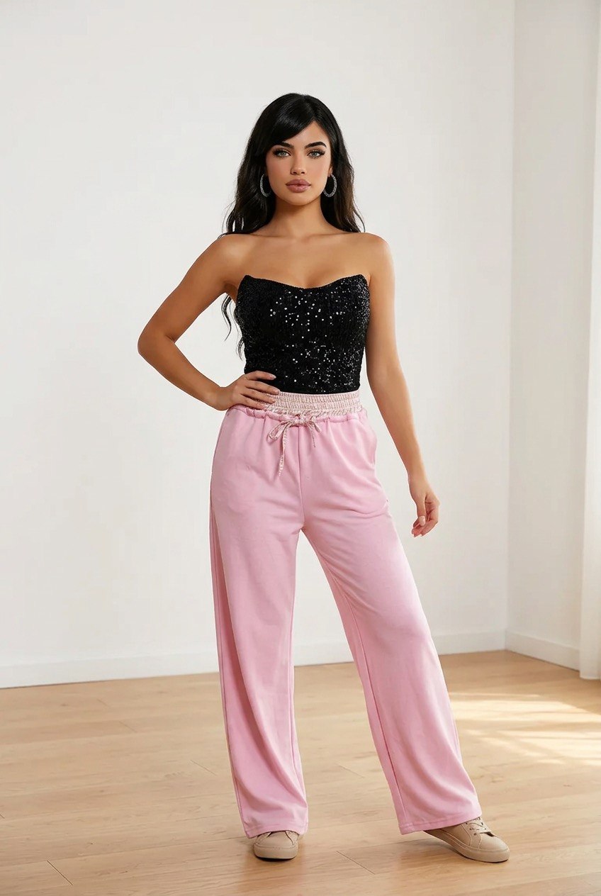 Pantalone palazzo rosa con vita elasticizzata scozzese, cordino regolabile e tasche laterali