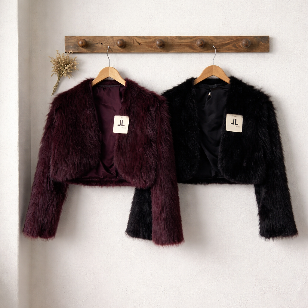 Pelliccia coprispalle , nera o bordeaux, in eco-pelliccia con maniche lunghe design aperto senza chiusura
