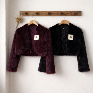 Pelliccia coprispalle , nera o bordeaux, in eco-pelliccia con maniche lunghe design aperto senza chiusura