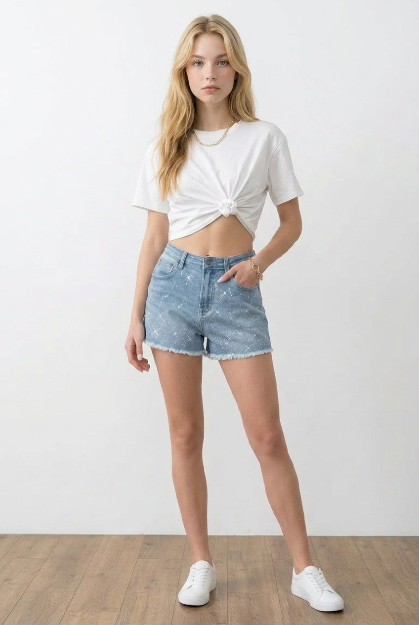Shorts donna in denim con vita alta. Lavaggio azzurro chiaro con decorazioni in strass disposte in motivo geometrico su tutta la superficie frontale. 