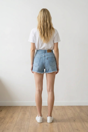 Shorts in denim elasticizzato con vita alta . Lavaggio azzurro chiaro con patch stampate a contrasto disposte sulla parte frontale. Etichetta in pelle sul retro