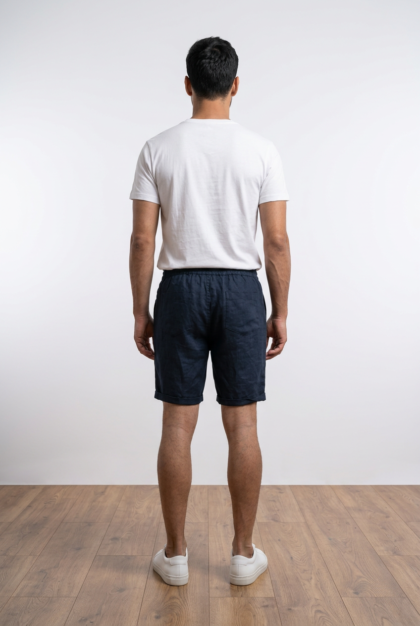 Shorts uomo blu con vita elasticizzata e coulisse regolabile. Con tasche laterali e tascone posteriore. Risvolto in fondo alla gamba. 