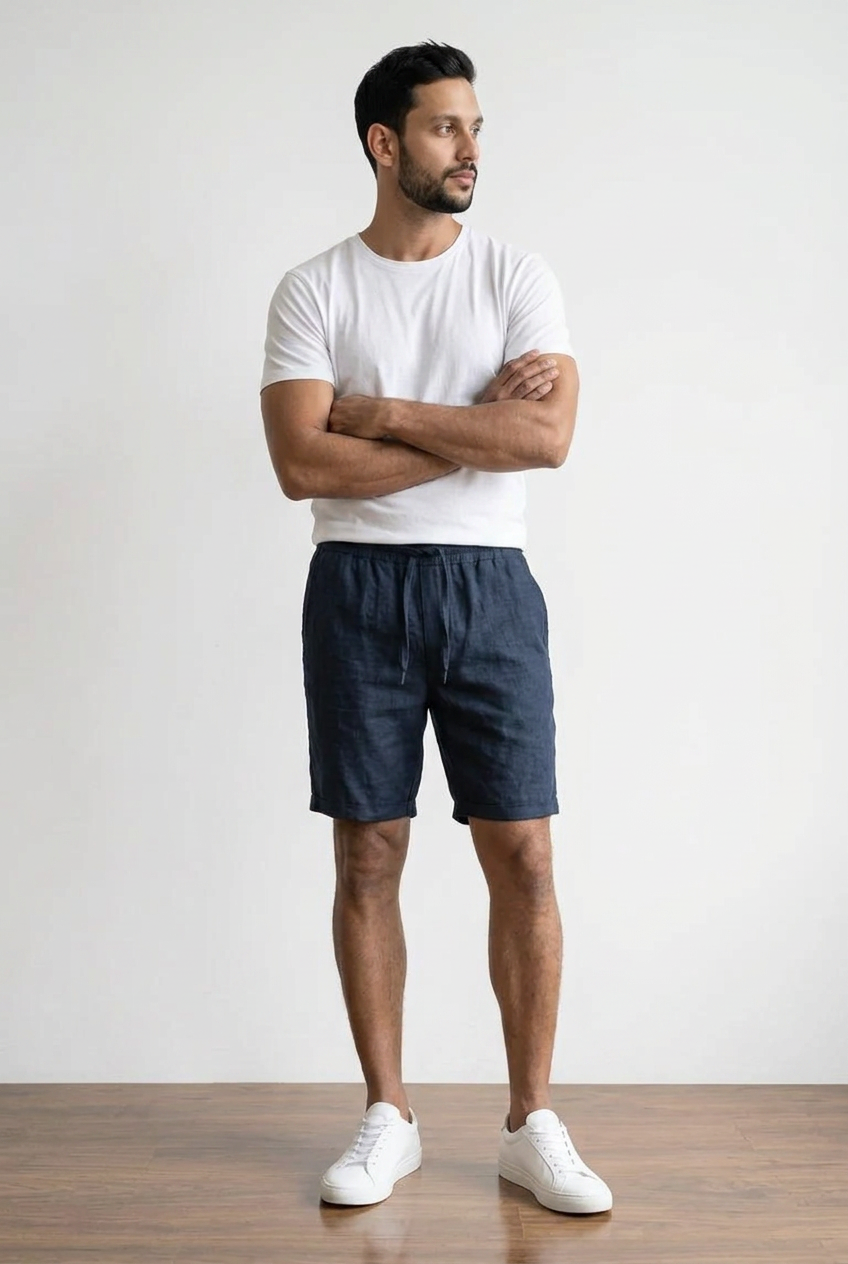 Shorts uomo con vita elasticizzata e coulisse regolabile. Con tasche laterali e tascone posteriore. Risvolto in fondo alla gamba. 