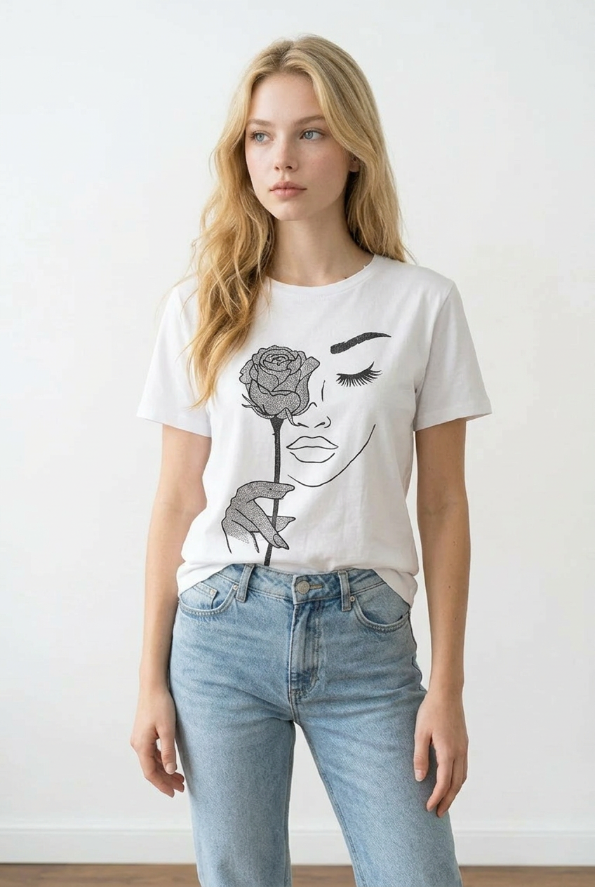 T-shirt 100% cotone, bianca con stampa frontale, profilo faccia e rosa con glitter applicati, primo piano