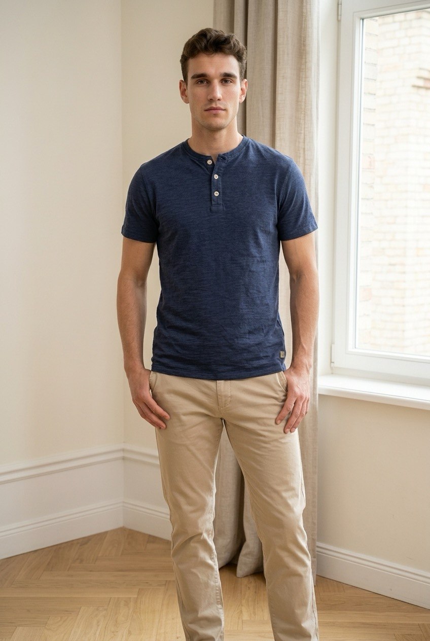 T-shirt uomo uomo con bottoni indossata fronte