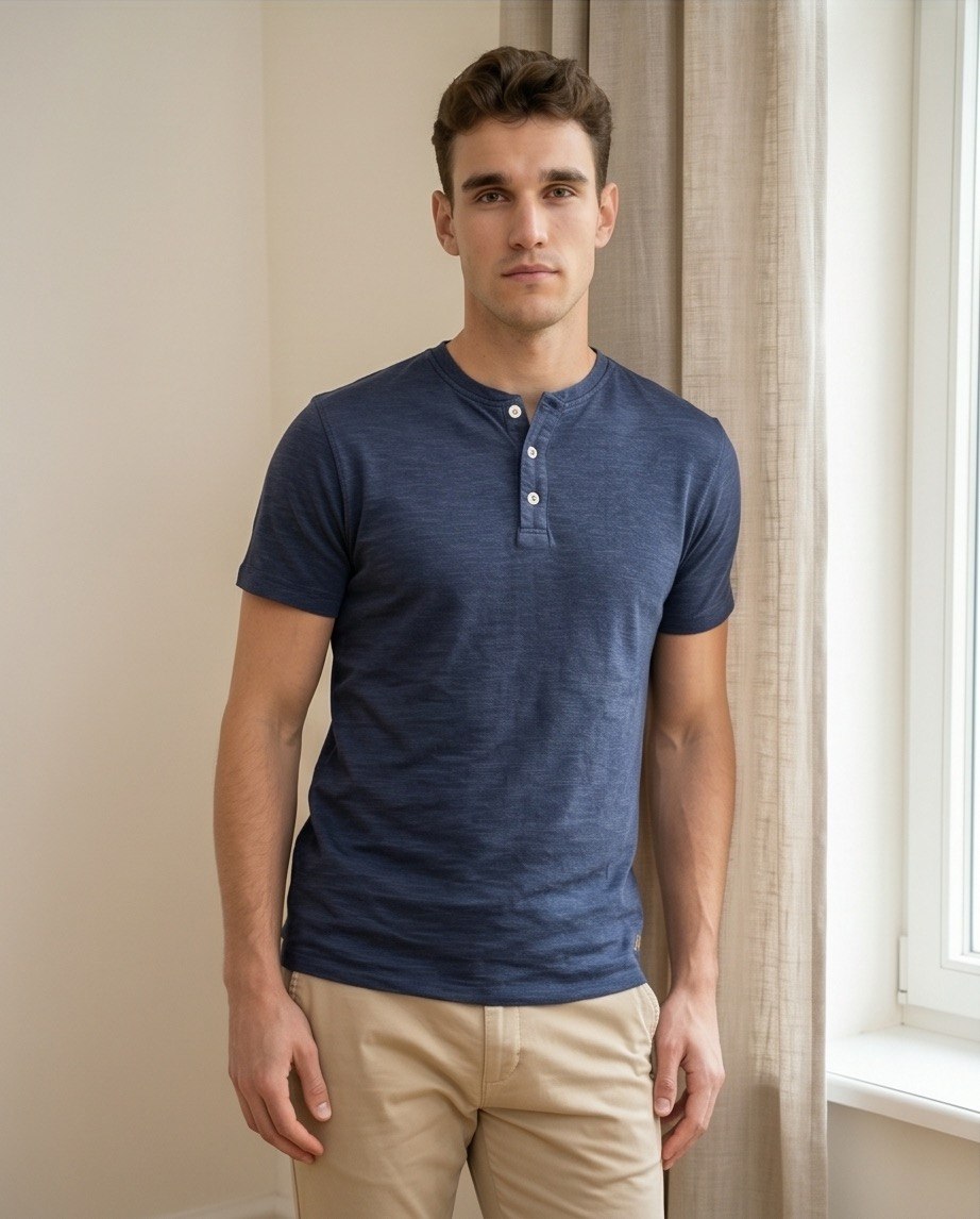 T-shirt uomo blu con bottoni primo piano
