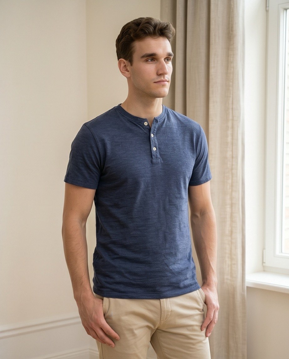 T-shirt uomo blu con bottoni primo piano