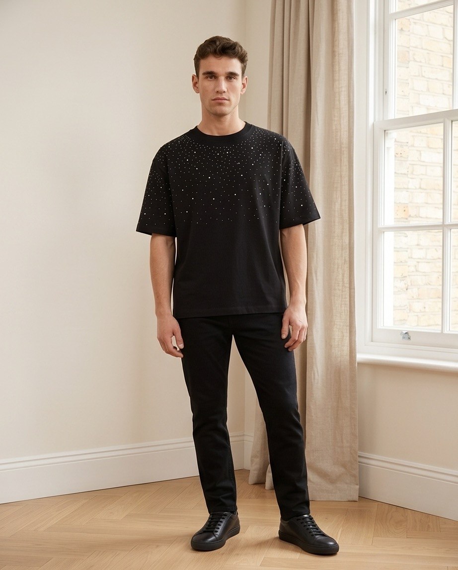T-shirt con brillantini nera da uomo indossata
