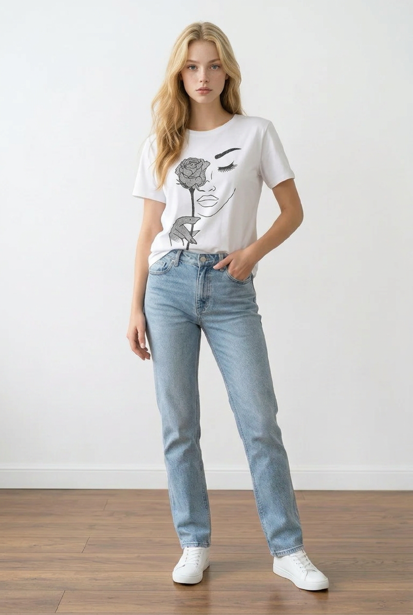 T-shirt 100% cotone, bianca con stampa frontale, profilo faccia e rosa con glitter applicati, fronte
