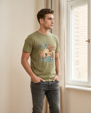 t-shirt uomo  in cotone con stampa color cachi lato