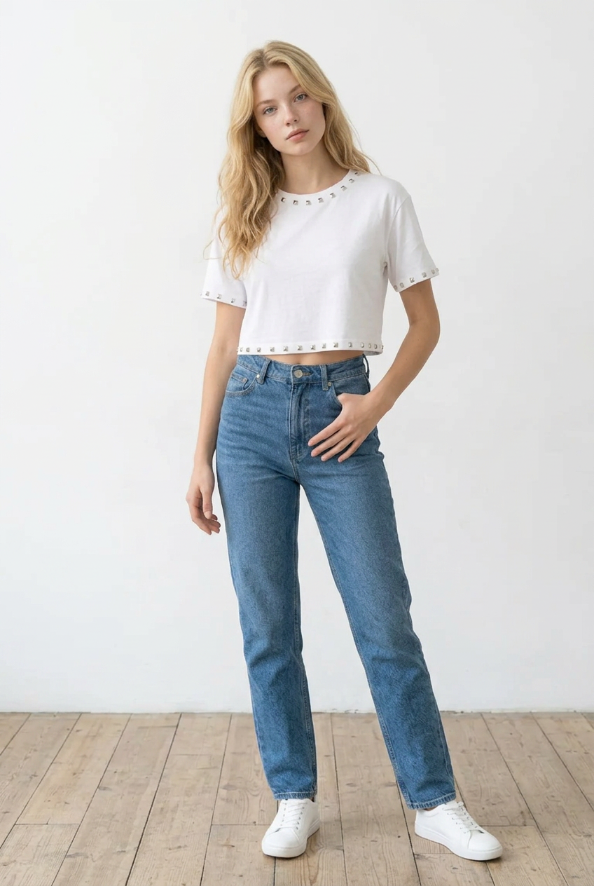 Maglia donna crop, bianca a maniche corte con borchie su collo e maniche