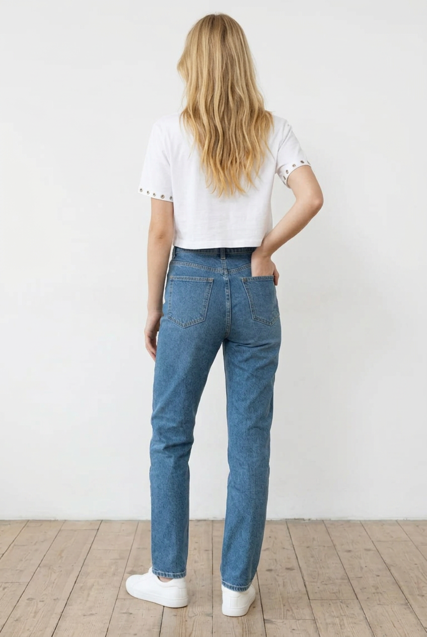 Maglia donna crop, bianca a maniche corte con borchie su maniche