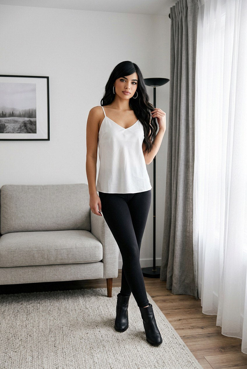 Top donna  in poliestere con spalline sottili e regolabili e ampio scollo a V